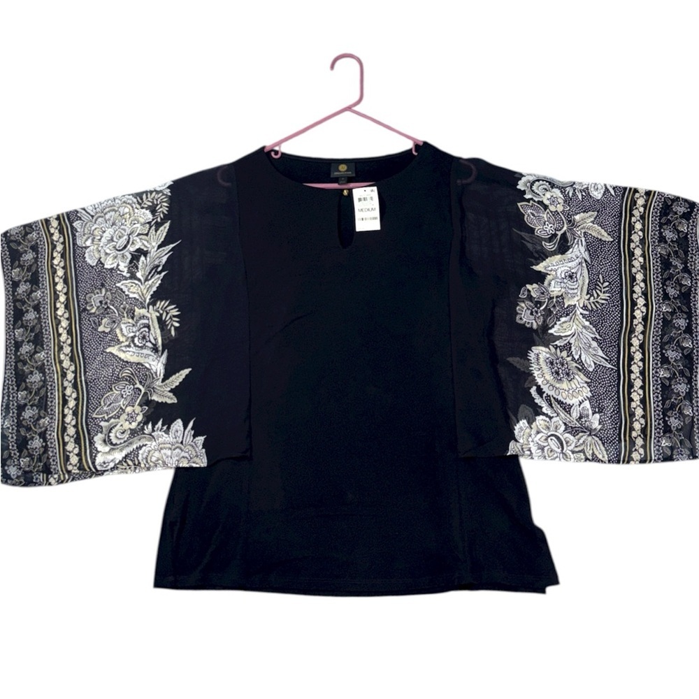 NWT JM Collection Floral Printed Kimono Overlay Sleeves Deep Black Comb Blouse M - Picture 3 of 8
